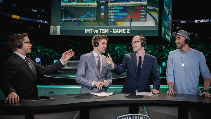 Celtics player Gordon Hayward, at right, joined the commentators for a quick chat (photo via LoL Esports Photos/Flickr)
